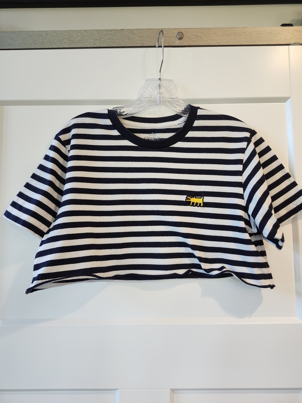 Striped Navy & White Crop Tee with Yellow Patch